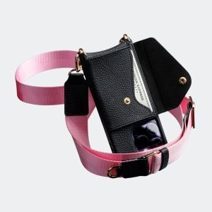 Black Bandolier-style leather crossbody phone case featuring a built-in wallet and secure card slots.